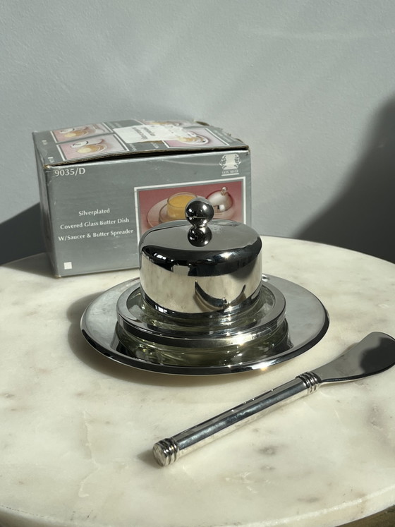 Vintage Hollywood Regency Verzilverde Botervloot Met Mesje – Lion Silver, Tafelaccessoires, Glass, Silver (photo 3 of 6)