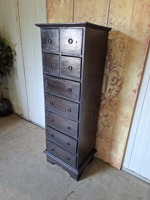 Cassettiera in teak, mobile da farmacia, schedario, dimensioni: 50x42 cm e 150 cm di altezza.