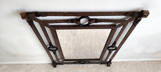Image 1 of Iconic Large Mirror 1960's Design Jean-Pierre Ryckaert en Métal Façon Cuir Sellier à Surpiqures