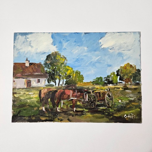 Jozsef BANFI (1936-) Oil Painting on Cardboard | Horse and Cart on the Farm | Signed by Bánfi | Famous Hungarian Painter