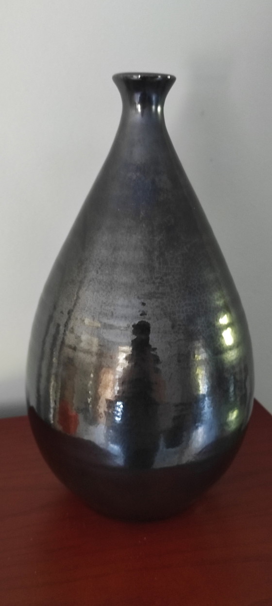Image 1 of Vintage Mid-Century Ceramic Drop Vase (36cm) – Metallic Black