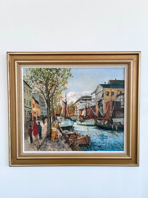 Peinture à l'huile originale d'époque représentant un paysage urbain bordé de canaux, datant des années 1970.