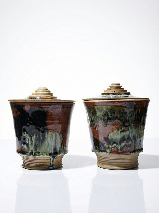 Pair of vintage 80s-90s Japanese-style stoneware pots from Studio Poterie, handcrafted and signed