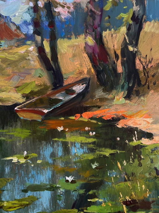 Image 1 of Original Oil Painting Summer Lake Landscape Fisherman's boat