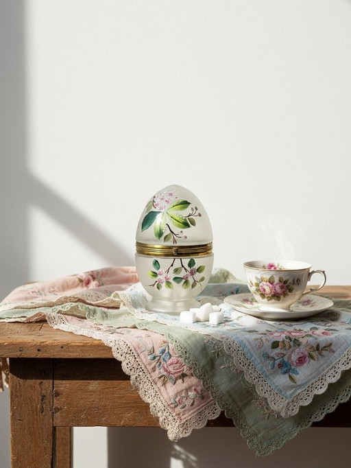 Antica scatola portauova in vetro smerigliato e smalto, XIX-XX secolo