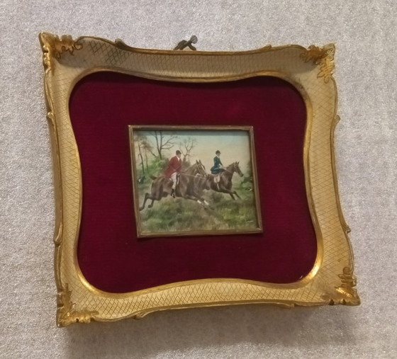 Image 1 of Signed 19th Century English Oil on Canvas Miniature Hunting Scene