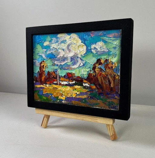 Original Oil Painting Autumn Village Landscape Peace of the sky over the quiet earth
