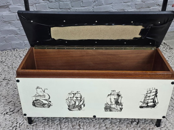 Image 1 of Mid-Century Design Wooden Coat Rack with Mirror and Storage Bench, Pastoe Style, Netherlands, 1960s