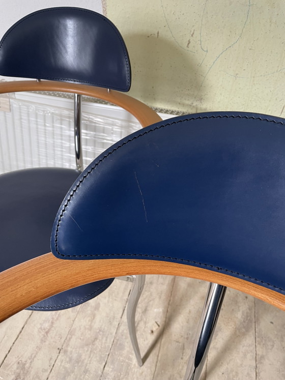 Sedie Stiletto in pelle blu di Arrben con struttura cromata, Sedie da pranzo, Cromo (foto 11 di 11)