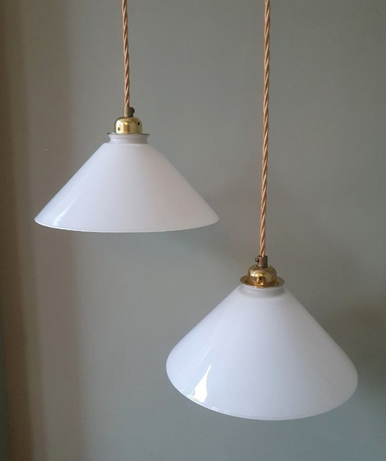 Set Vintage Pendant lamps - Milk glass, banker's lamps. – Metal (photo 17 of 21)