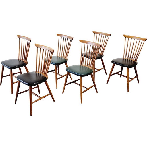 Set of 6 vintage wood and vinyl chairs, 1960