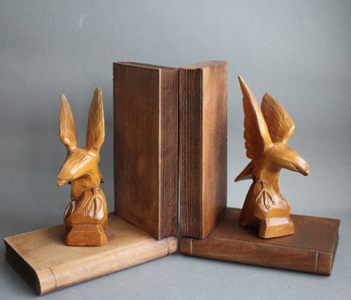 Art Deco bookends, eagle hand-carved from wood
