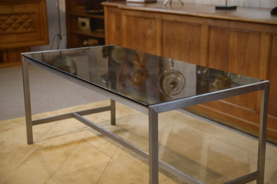 Image 1 of Scrivania di design in acciaio inox spazzolato e vetro fumé nero, anni '80