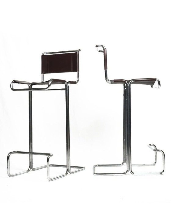 Image 1 of Sgabelli da bar vintage di Linea Veam, in pelle marrone e cromo, set da 6, Italia anni '60
