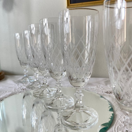 6 Antique Engraved Champagne Flutes
