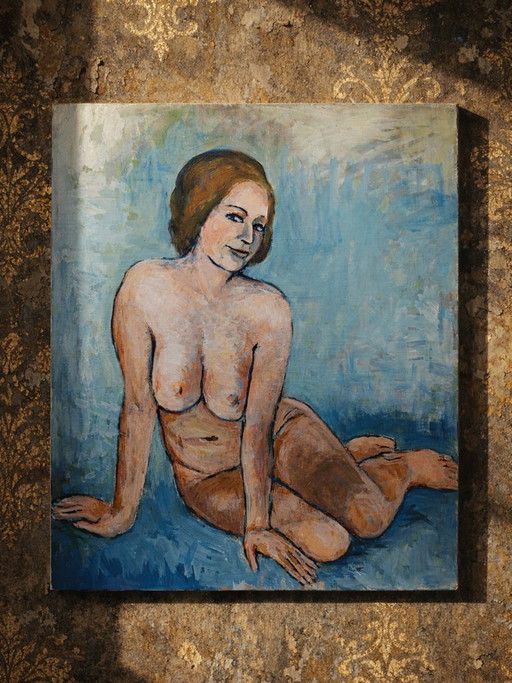 Vintage seated nude portrait painting, modern oil on canvas board