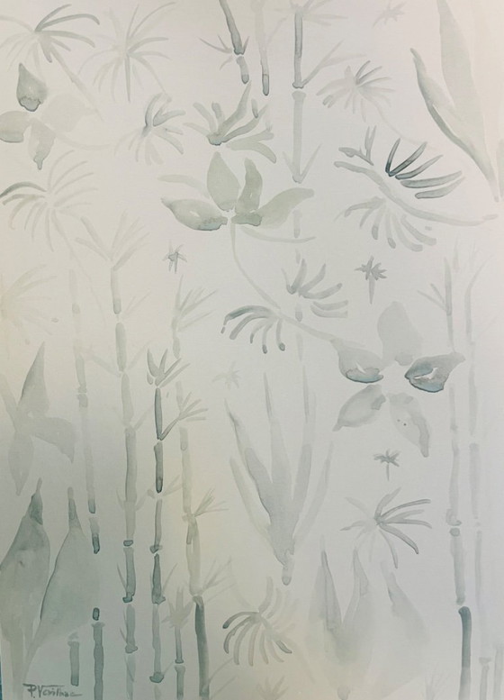 Image 1 of Set of 3 signed watercolor landscape paintings in sage green monochrome
