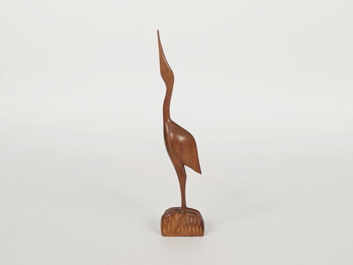 Kraanvogelsculptuur van teakhout uit het midden van de 20e eeuw, handgesneden Scandinavisch beeldje