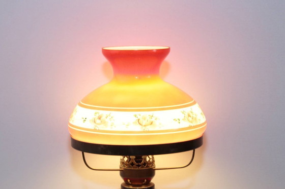 Image 1 of Petroleum lamp, red glass shade, opal glass, GDR 1970s nostalgia