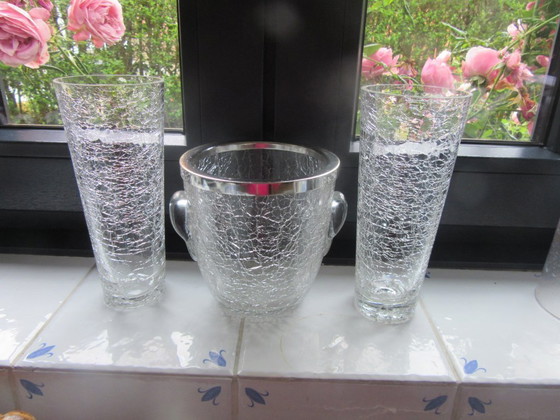 Image 1 of Crackle Glass Ice Bucket and 2 Matching Long Drink Glasses, mid century modern