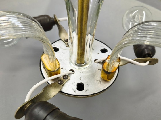 Image 1 of Art Deco kroonluchter van glas en messing, Tsjechoslowakije, jaren 1940