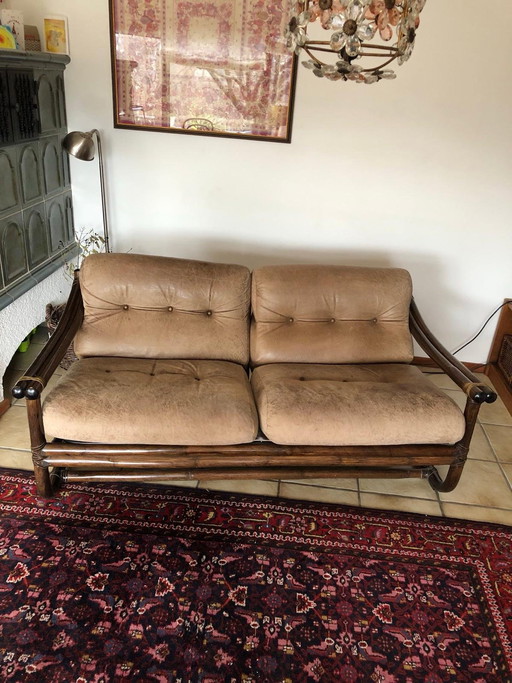 Pierantonino Bonacina 1974 – Set di sedute originale in rattan (divano, 2 poltrone, tavolo)


