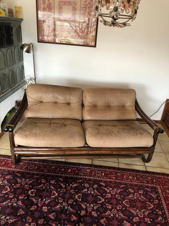 Image 1 of Pierantonino Bonacina 1974 – Set di sedute originale in rattan (divano, 2 poltrone, tavolo)


