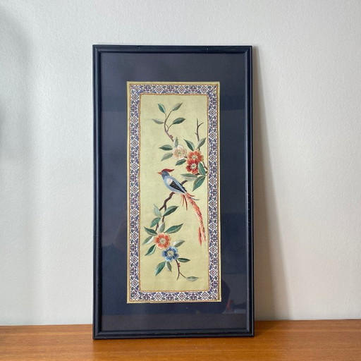 Antique Silk Embroidery Painting of a Bird and Flowers