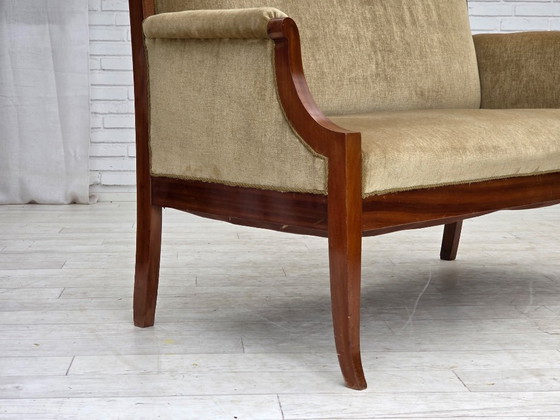 Image 1 of 1950s, 2 Seater Danish Highback Sofa, Furniture Velour, Laqered Teak Wood.