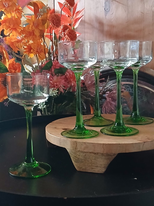 Set of 5 antique hand-blown Art Nouveau wine glasses