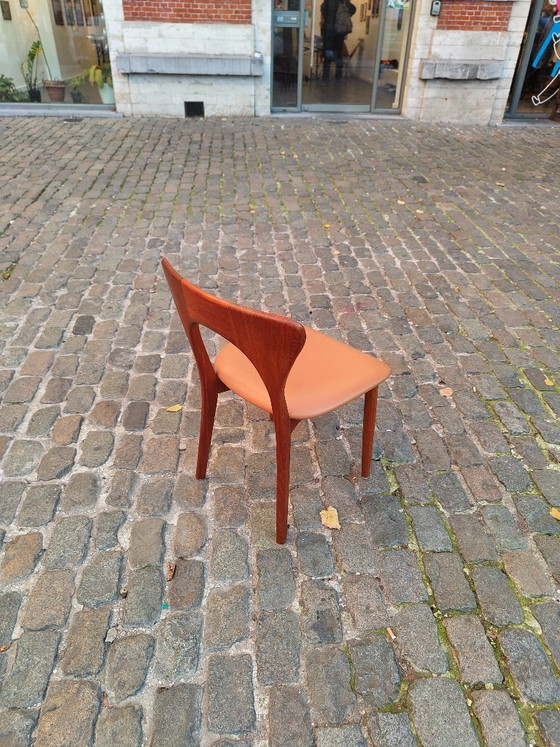 Set di sei sedie da pranzo in teak e pelle marrone chiaro, Koefoed Hornslet, Legno, Mid Century Modern (foto 6 di 13)