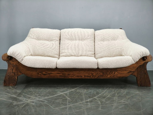 Brutalist Solid Oak and Bouclé Three-Seat Sofa, Czechoslovakia 1970s