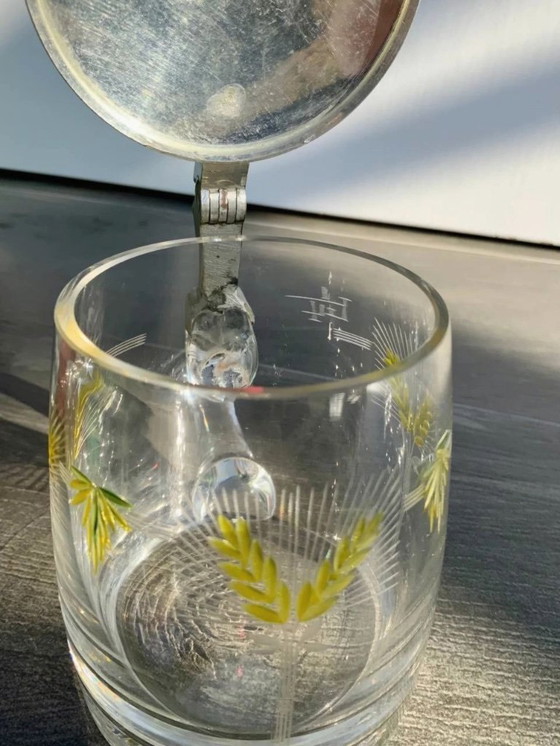 Image 1 of Boccale da birra antico con coperchio in peltro e smalto dipinto a mano (0,4 l)