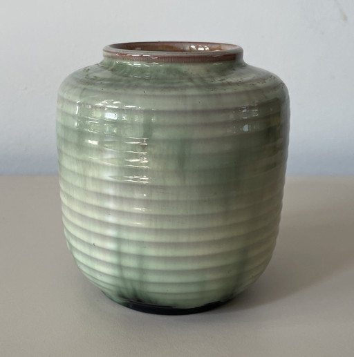 Art Deco Ribbed Vase With Stream Glaze Model 1016