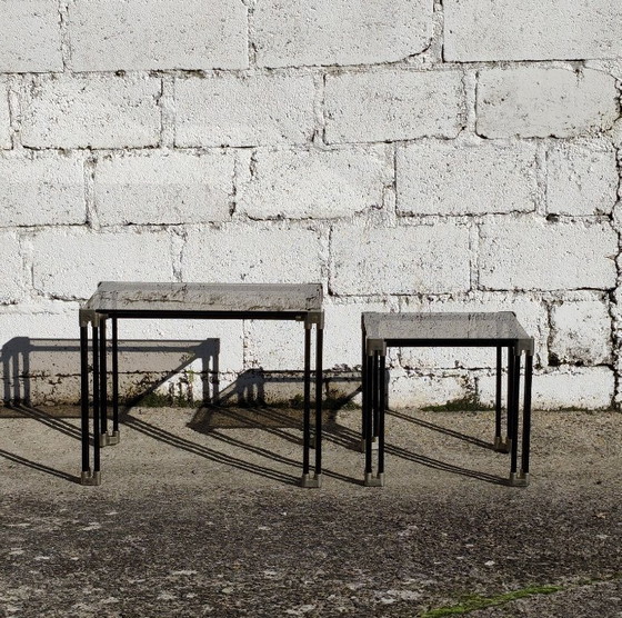 Tables gigognes en verre noir et or, Tables d'appoint, Métal, Vintage (photo 3 sur 15)