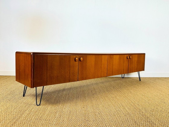 Image 1 of Low Scandinavian teak sideboard with 4 doors and hairpin metal legs, 1960