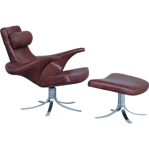Poltrona danese in pelle di metà secolo con pouf di Gösta Berg per Fritz Hansen, anni '60