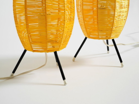 Image 1 of Two beautiful Mid Century modern tripod raffia table lamps