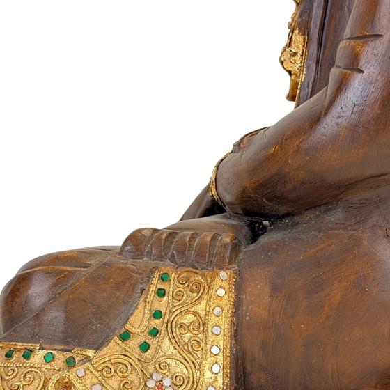 Antique Burmese Mandalay Wooden Buddha – Bhumisparsha – c. – Sculpture, Glass (photo 16 of 23)