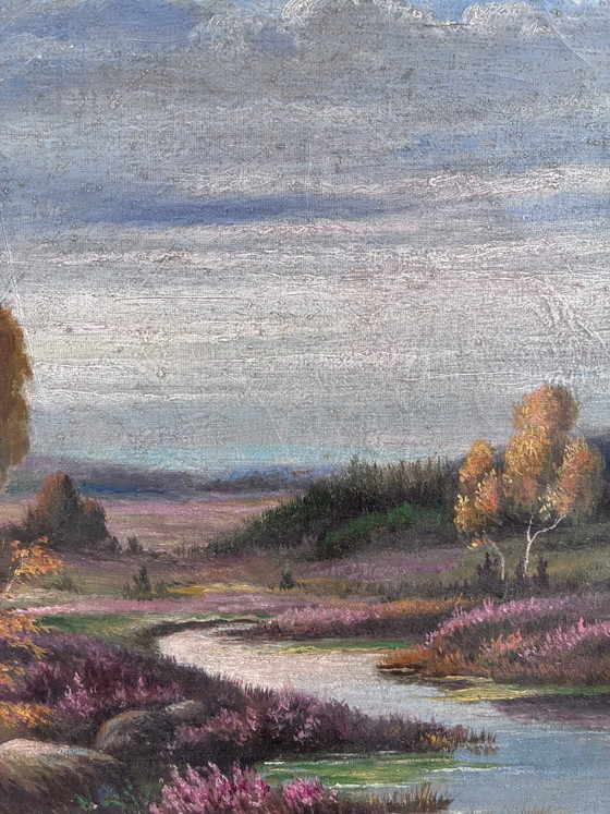 Image 1 of Peinture à l'huile originale vintage représentant un paysage de rivière