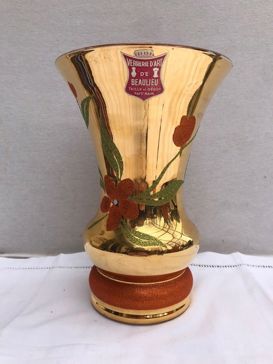 Image 1 of Vaso antico in vetro artistico di BEAULIEU, vetro dipinto in oro + decoro floreale vintage #D391