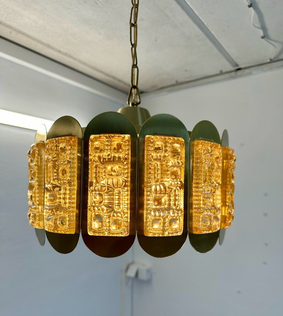 Lampada a Sospensione Plafoniera Vintage Vitrika Vetro Ghiaccio Anni '60 Danimarca, Plafoniere, Metallo (foto 9 di 14)