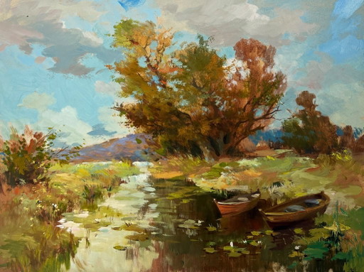 Origineel olieverfschilderij: Herfstlandschap aan de rivier. Een moment van stilte aan de rivier.