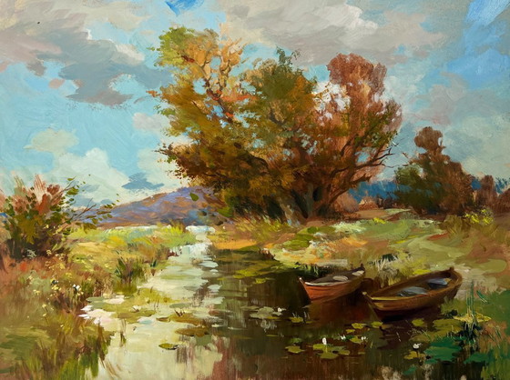 Image 1 of Original Oil Painting Autumn River Landscape A moment of silence by the river