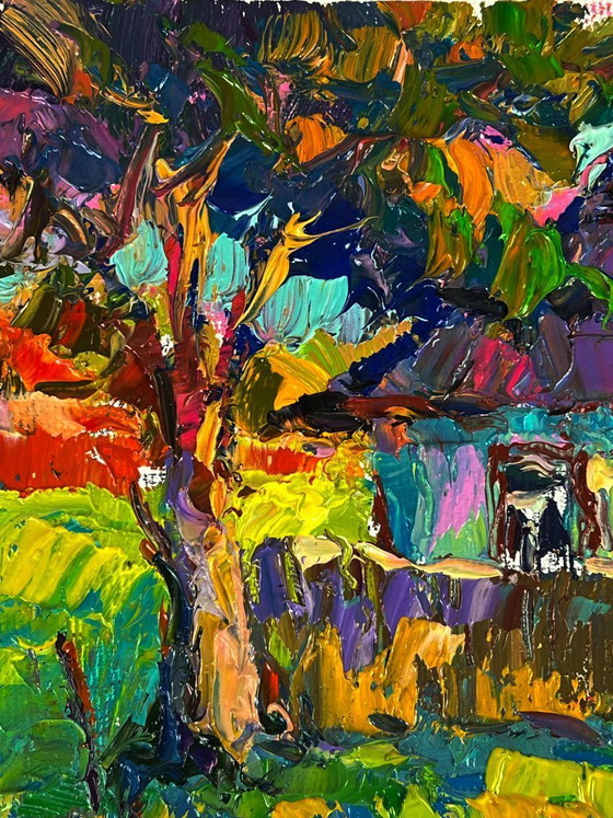 Image 1 of Peinture à l'huile originale, paysage champêtre, jardin d'été, maison au crépuscule