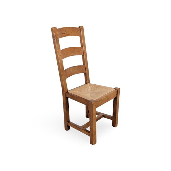 Image 1 of Ensemble de 4 chaises en chêne, style campagne française, années 1950, tressage en jonc