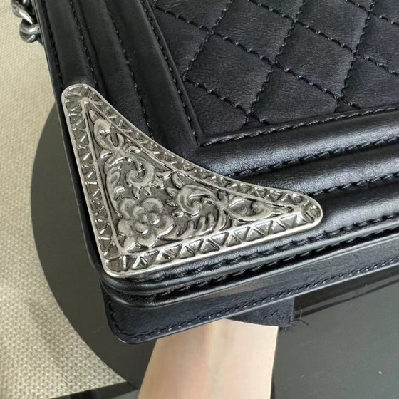 Image 1 of Chanel Boy Medium - 25CM Paris-Dallas Metal Edge Grained Calfskin Black Silver Hardware Series 19