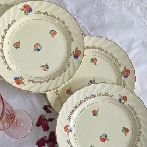 6 antique Salins earthenware dessert plates, pale yellow with flowers