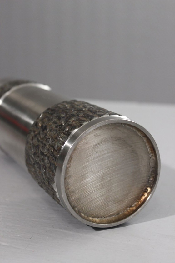 Image 1 of Vintage brutalistische rolvaas, gelast en gepolijst staal, jaren 70.