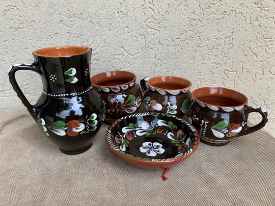 Vintage Hungarian Folk Glazed Ceramic Set by Sarospatak, Set of 5, Crockery, Brown (photo 5 of 7)